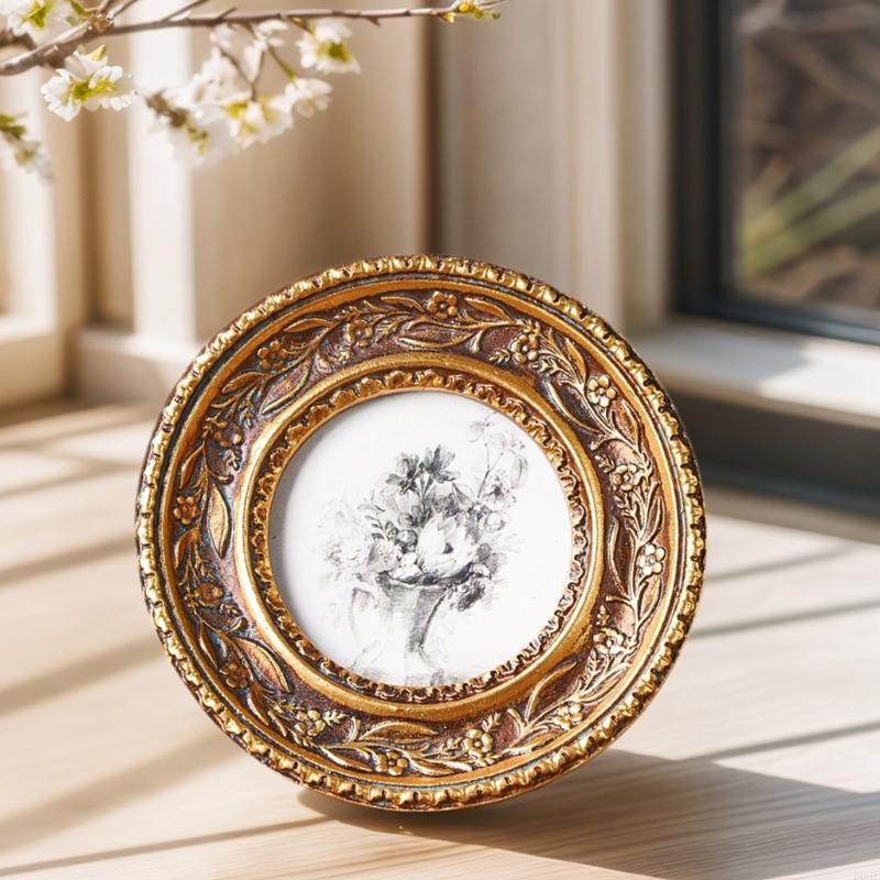 Rattan Mirror Round - Antyczne brązowe złoto okrągła ramka na