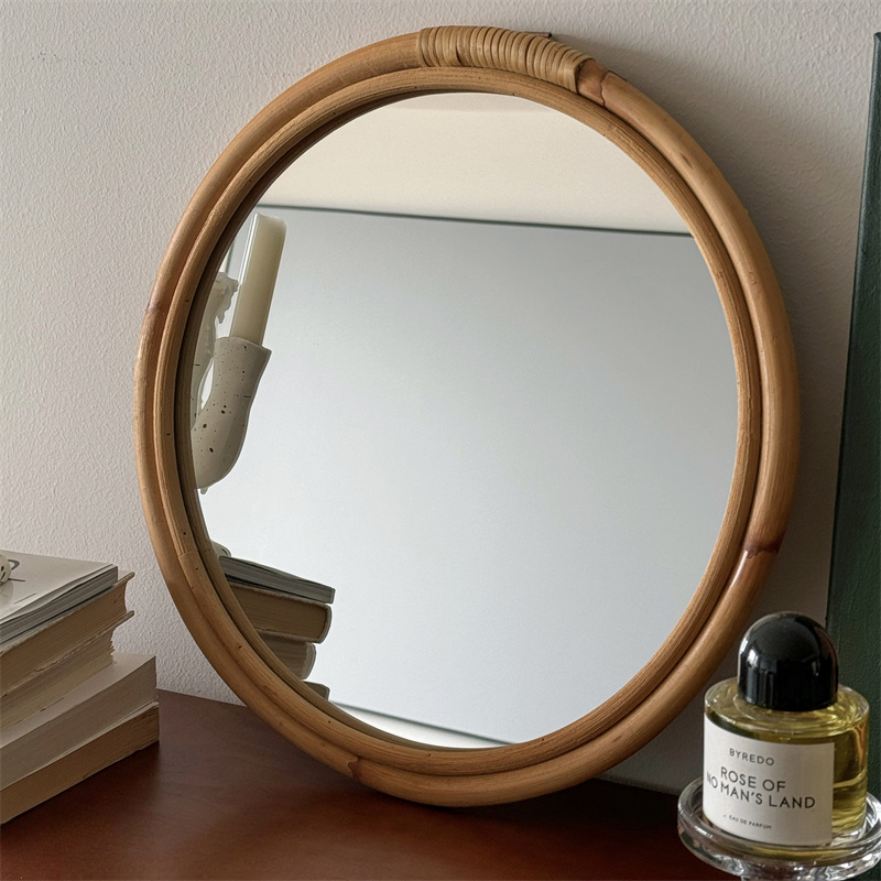 Rattan Mirror Round - Średniowieczne rattanowe lustro Lustro do makijażu